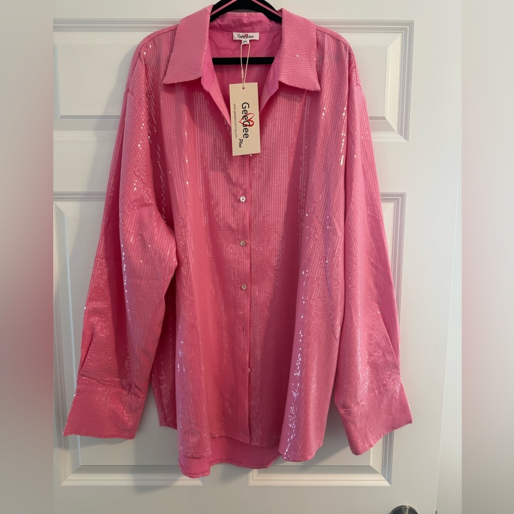 NWT GeeGee Plus Bubble Gum Pink Sequin Button-Up Shirt